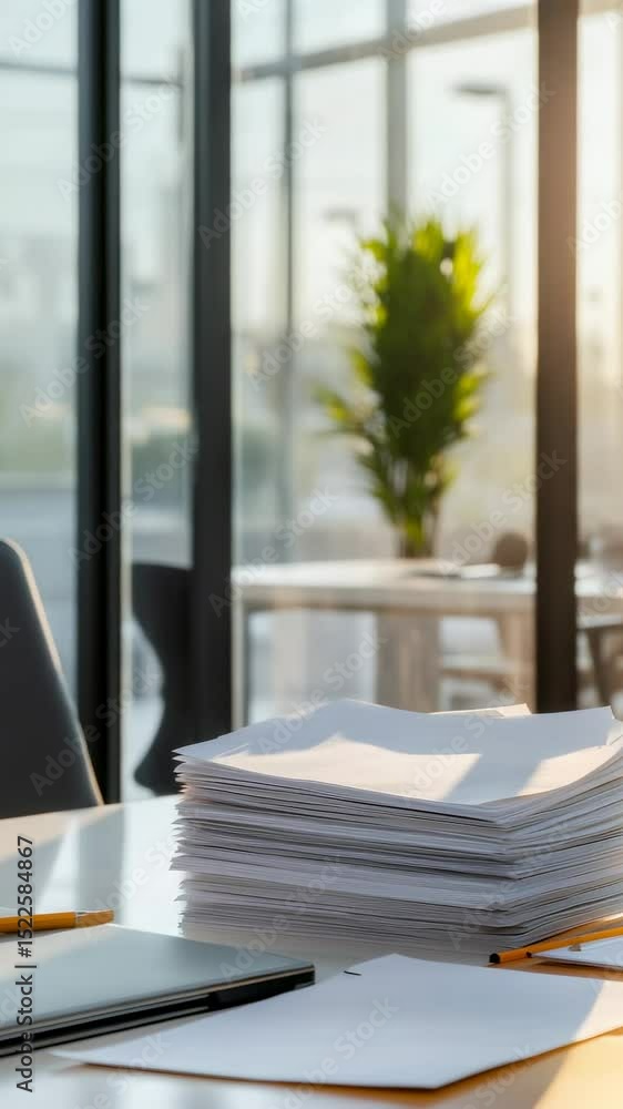 Poster Stack of papers is lying on an office desk with a laptop and a pencil, illuminated by sunlight streaming through large windows, creating a bright and productive workspace