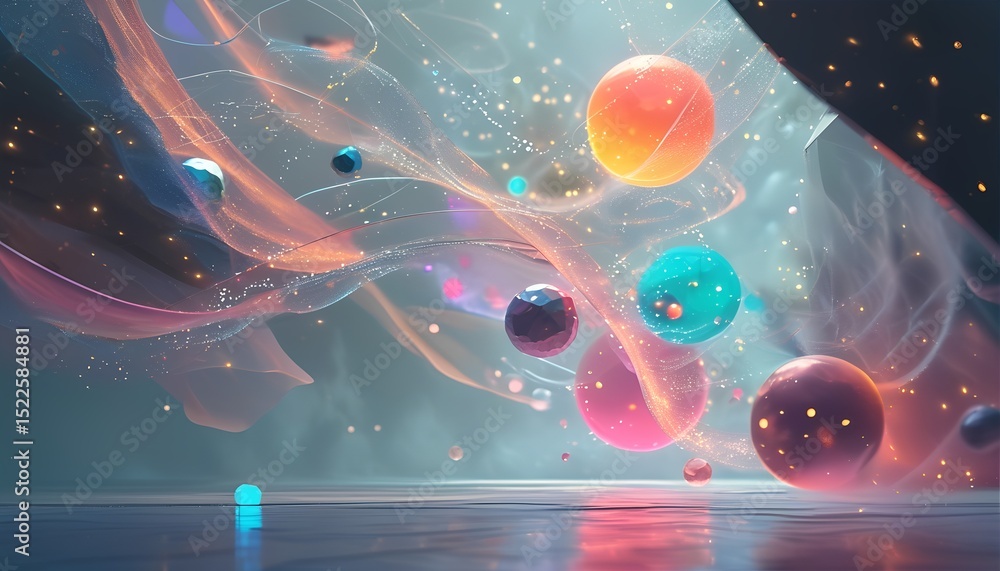 Poster abstract futuristic composition with floating spheres ribbons of light and reflections on a smooth s