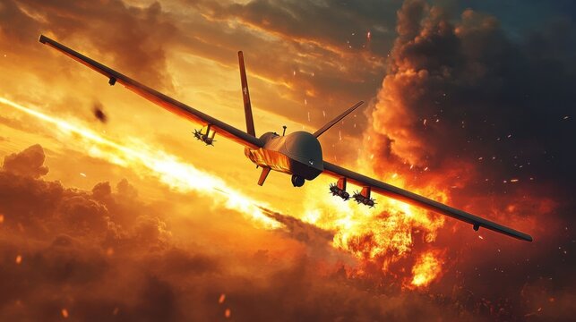 A realistic and dynamic digital drawing or 3D rendering. An armed unmanned aerial vehicle (military drone) moving in the sky is hit by a missile or air defense fire. 