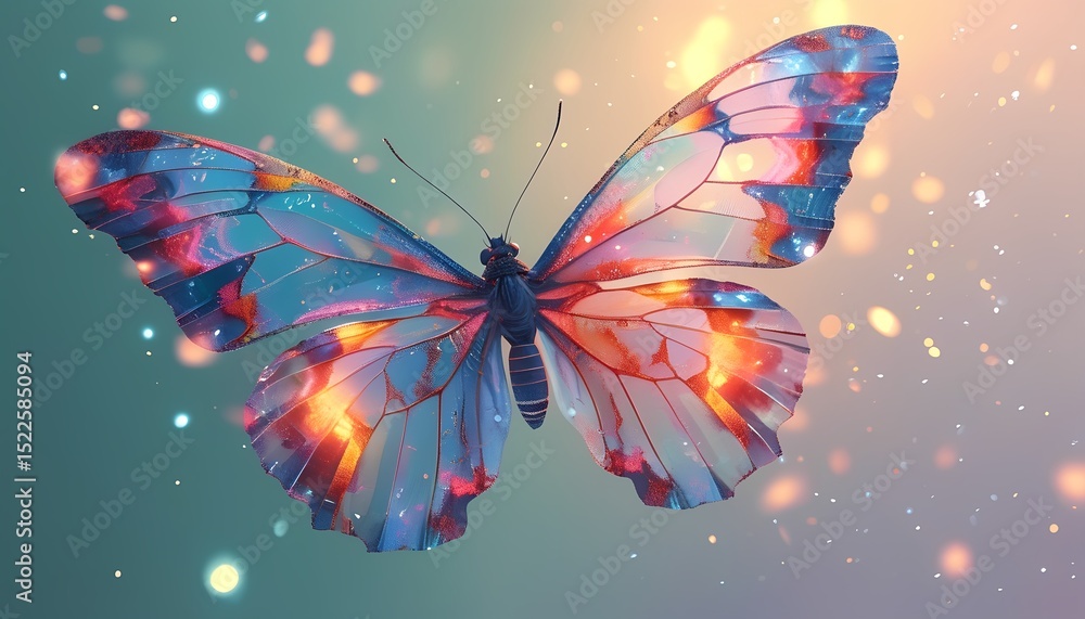 Poster Abstract Butterfly with Luminous Wings Displaying Intricate Patterns and Vibrant Colors Against a Softly Blurred Background with Bokeh Effects Evoking a Sense of Wonder and