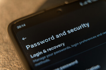 Close-up of a smartphone screen showing the Password and security settings menu in dark mode