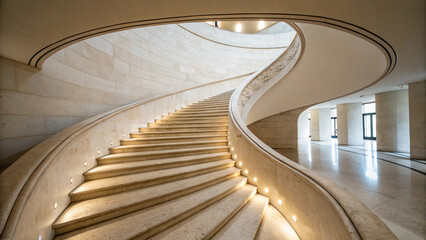 Elegant spiral staircase in modern building with soft lighting and architectural design