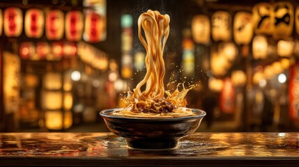 floating ramen noodles with broth and toppings, blurry japanese noodle shop background