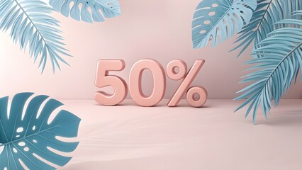 50% Off Sale 3D Rendered Summer Discount with Tropical Leaves