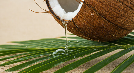 Fresh coconut water dripping onto palm leaf on beach