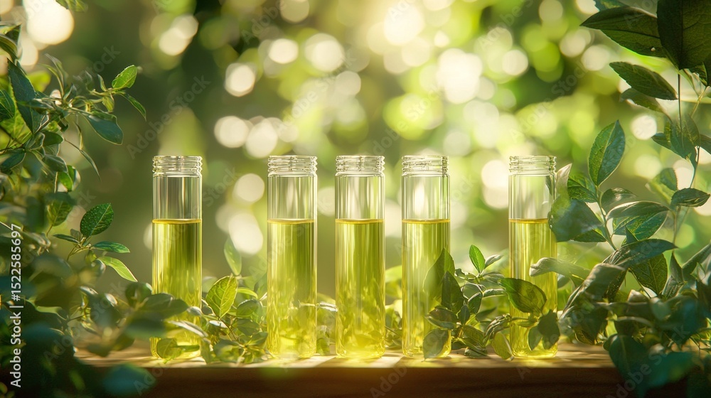 Poster test tubes filled with green liquids arranged in lush greenery under soft sunlight