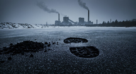 Industrial landscape with coal pile and footprints on snowy ground