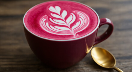 Beetroot latte in a cup with a golden spoon on a wooden table