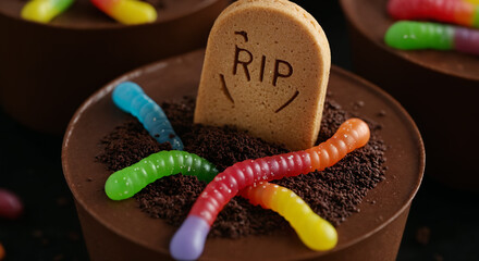 Halloween-themed dessert with gummy worms and cookie tombstone