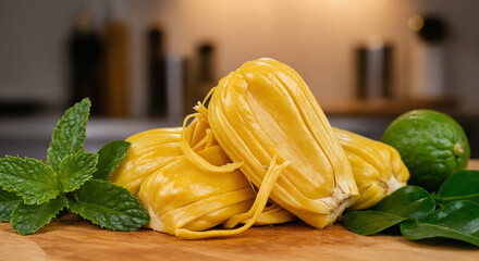 Fresh jackfruit pods with mint leaves and lime on wooden board