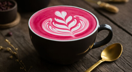Beetroot latte in maroon cup on wooden table