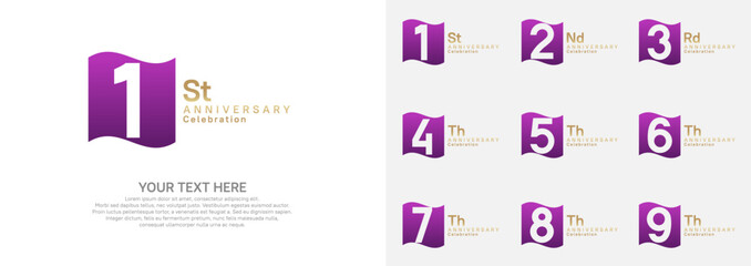 Anniversary logo set vector design, purple and gold color for celebration event
