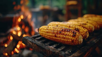 grilled corn on the cob, blurry summer picnic background