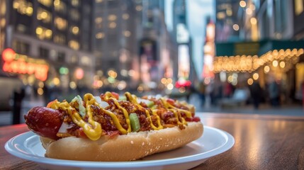 hot dog with toppings on plate, blurry New York city street background