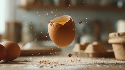 hovering egg cracked open, blurry baking scene background
