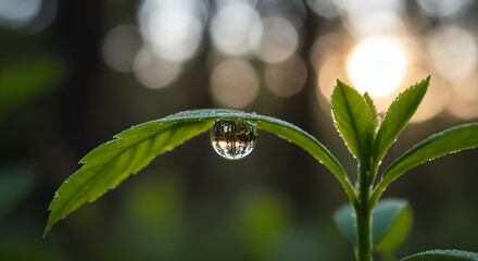 Dew drop on leaf reflecting forest at sunrise Macro shot 