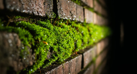 Close-up of vibrant green moss growing on a brick wall