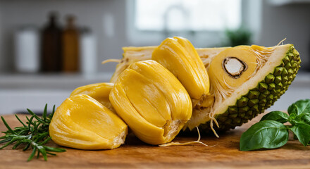 Freshly cut jackfruit pieces with herbs on a wooden board in a kitchen setting