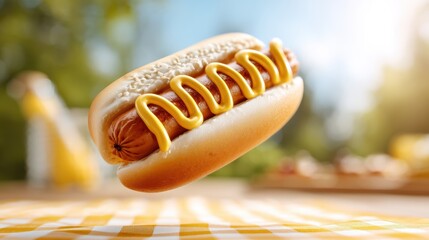 hovering hotdog with mustard trail, blurry picnic background