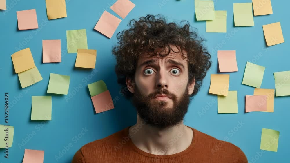 Poster thoughtful man with curly hair and a beard contemplates ideas, surrounded by colorful sticky notes o