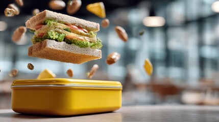 hovering lunchbox with food spilling, blurry school canteen background