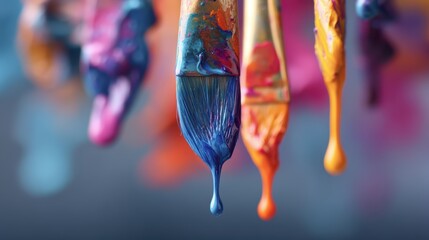 hovering paintbrush dripping color, blurry art class background