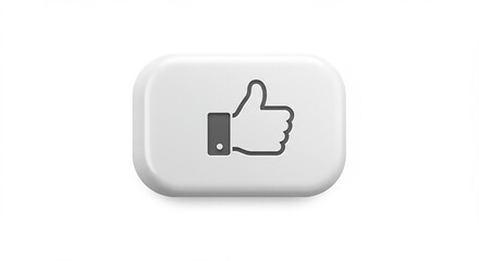 A white button with a thumbs up icon in the center on a plain white background in a studio shot