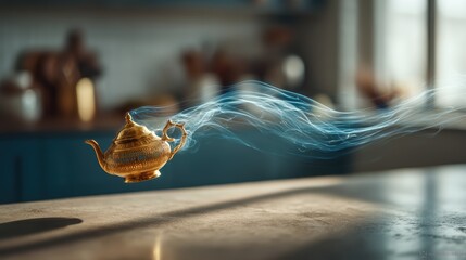 hovering teapot with steam trail, blurry morning kitchen background