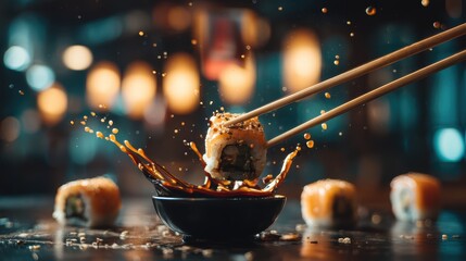 floating sushi rolls with chopsticks and soy sauce splash, blurry japanese restaurant interior background