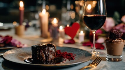 a romantic dinner set with steak, red wine, chocolate mousse and candlelight