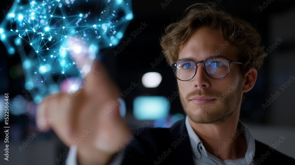 Poster professional man interacting with digital technology and data visualization in modern office environ