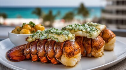lobster tail with garlic butter, blurry luxury seaside restaurant background