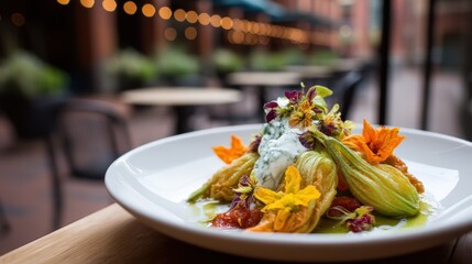 fried zucchini flowers with ricotta, blurry rustic Italian patio background