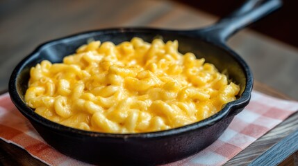 mac and cheese in skillet, blurry American farmhouse kitchen background