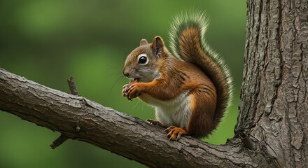 Obraz premium Red Squirrel Enjoying a Nut on a Tree Branch in a Green Forest