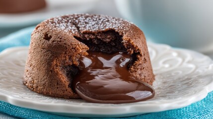 melting chocolate lava cake oozing filling, elegant plate, soft focus background