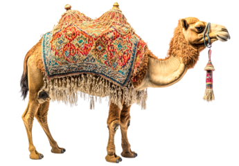 Camel with ornate saddle and tassel, isolated on transparent background