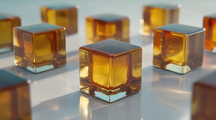 realistic caramel candy cubes on soft reflective surface, cinematic light setup