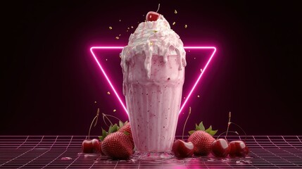 realistic strawberry milkshake with whipped cream and cherry, neon dessert bar atmosphere