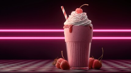 realistic strawberry milkshake with whipped cream and cherry, neon dessert bar atmosphere