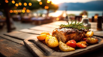 roasted lamb with herbs on rustic wooden plate, blurred Mediterranean terrace view