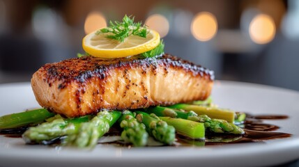 salmon fillet with asparagus and lemon on ceramic plate, blurry fine dining restaurant background