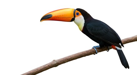 Fototapeta premium Isolated Toucan on Branch Tropical Bird with Bright Beak Against White Backdrop