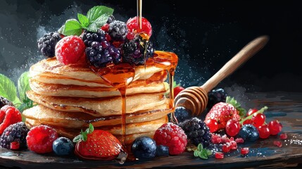 stacked pancakes with berries and maple syrup, stylized as dessert scene