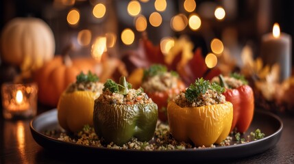 stuffed peppers with quinoa and herbs on dark plate, blurred autumn harvest market background