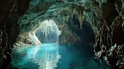 Crystal Cave with Turquoise Water and Stalactites