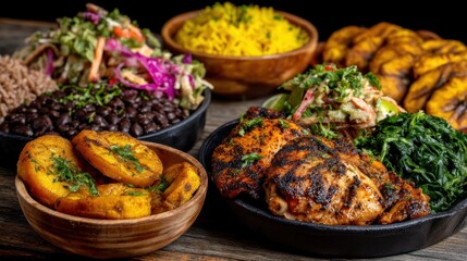 a Caribbean food set with jerk chicken, rice and beans, and fried plantains