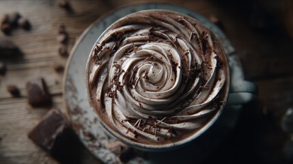 whipped cream swirl on cup of hot cocoa with chocolate shavings, cinematic cozy vibe