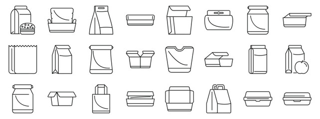 Paper lunchbox icons set. Line drawing of various food packaging, including boxes, bags, jars, and containers, ideal for representing food storage and delivery