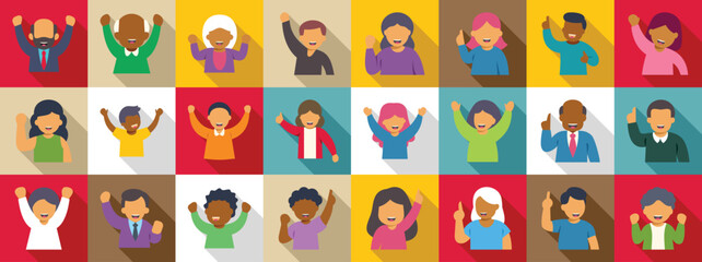 Obraz premium Rejoice success icons set. Multicultural group expressing joy and enthusiasm, celebrating success with raised hands and pointed fingers